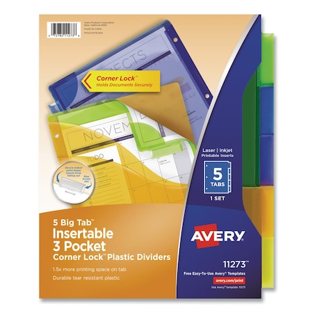 AVERY DENNISON Insertable Dividers Three Pocket, Multicolor, 5 Tab 11273